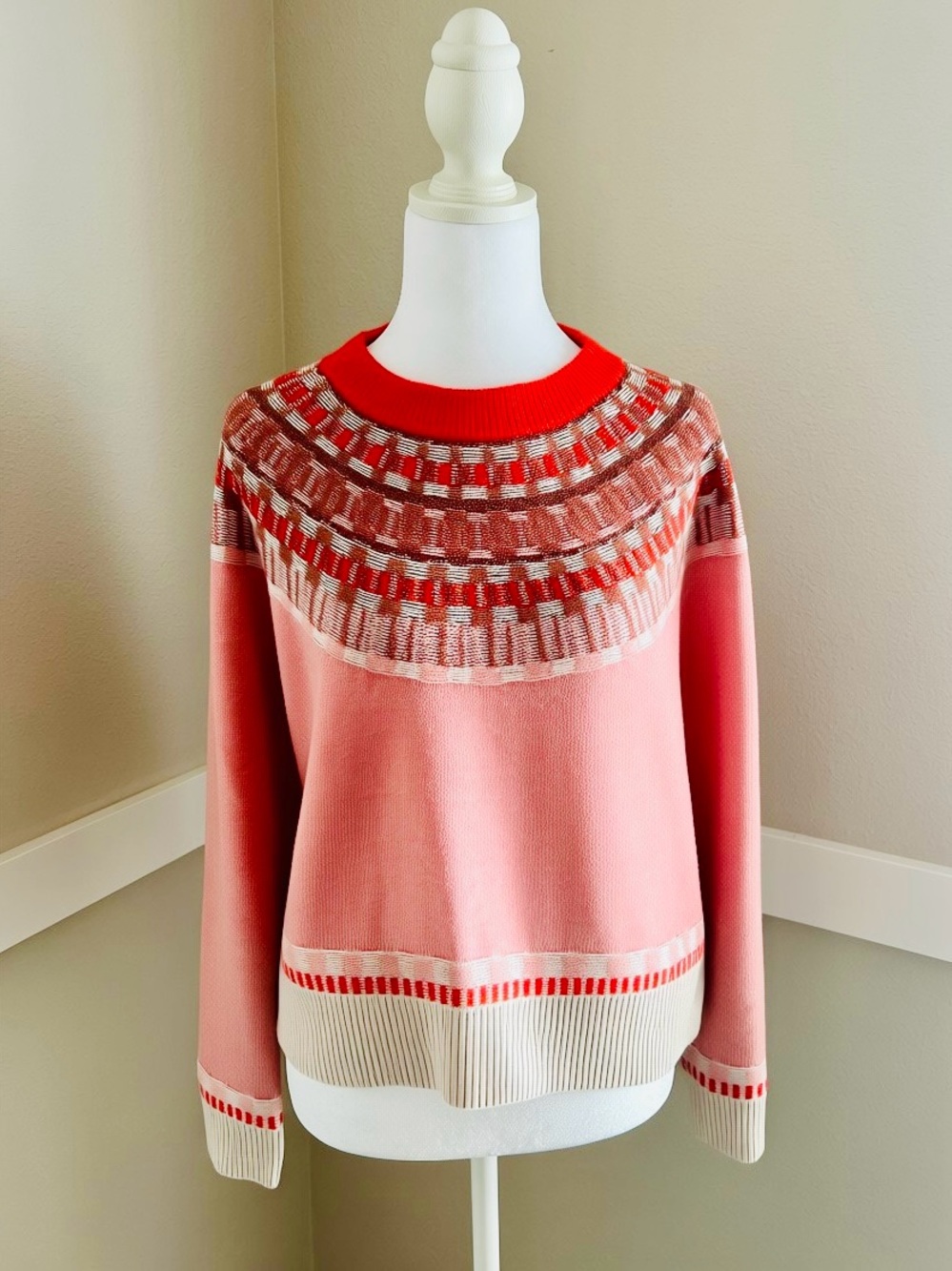 Madewell Mayer Fair Isle Merino Wool Blend Sweater in Pink/Red-Size Women’s Lg